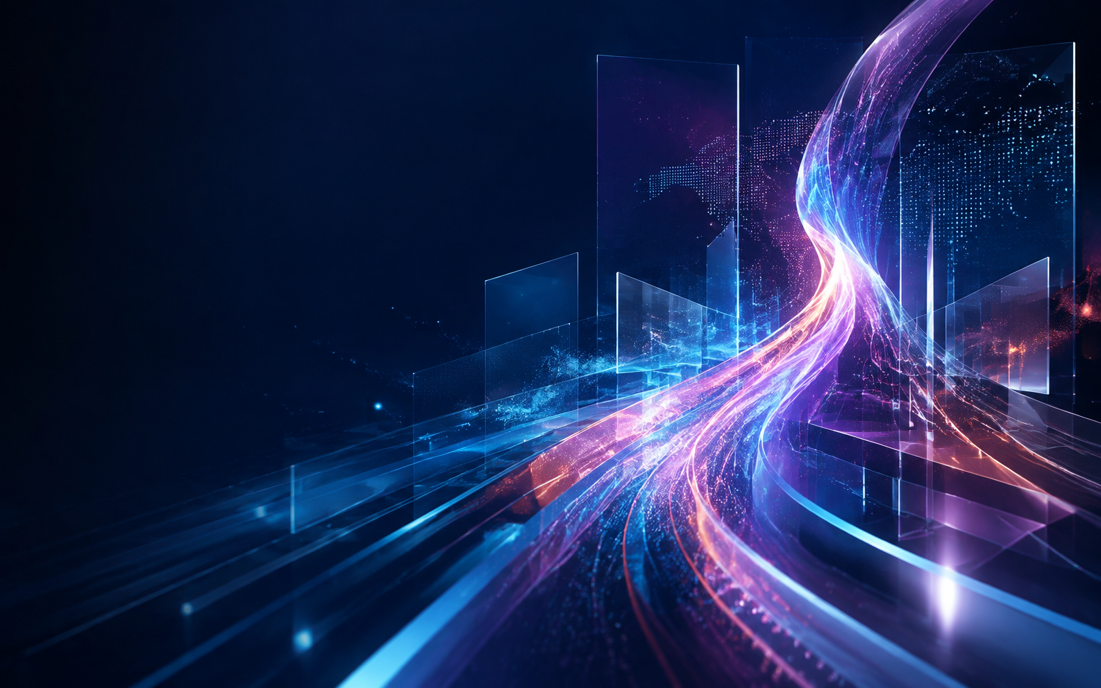 Abstract streams of light moving through a digital landscape